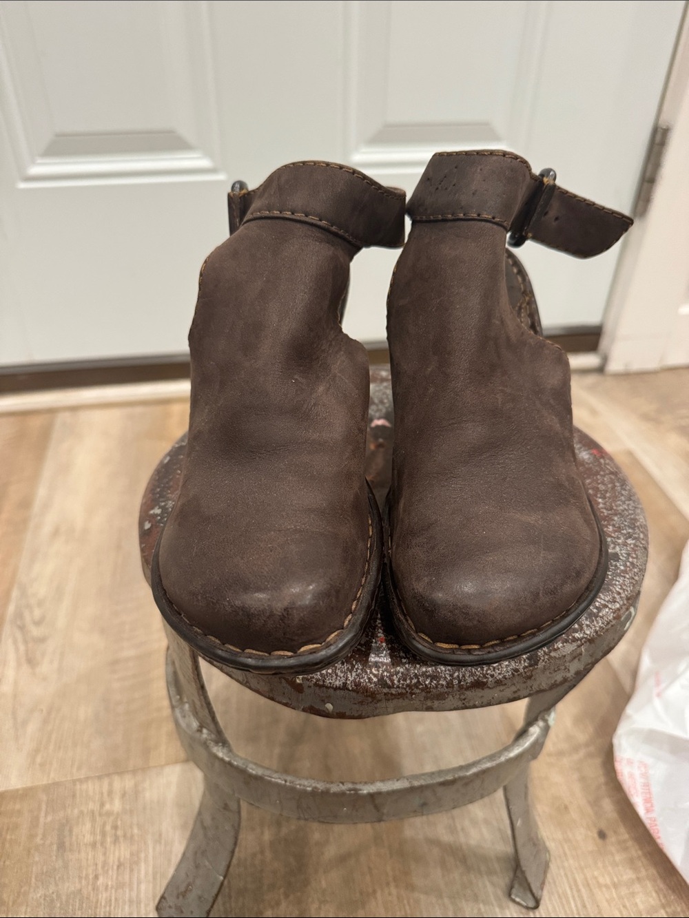 Born Brown Leather Chunky 3” Heel Buckle Sling-back Mules - Picture 3 of 16
